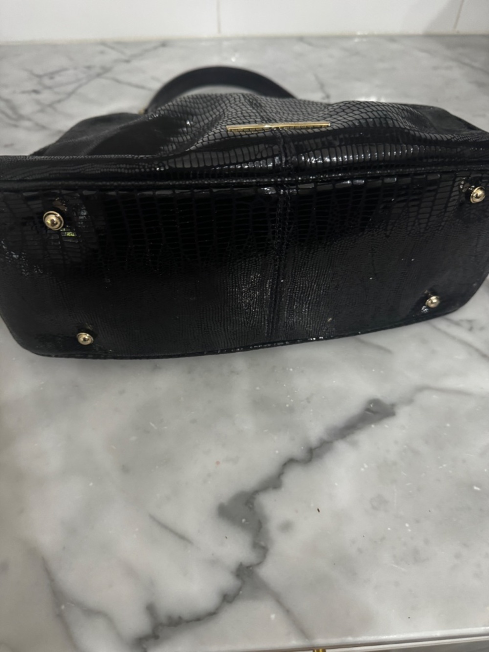 Brahmin Black Embossed Leather Frame Satchel Shoulder Bag Gold Hardware - Picture 5 of 6